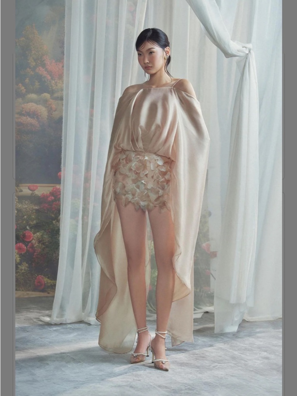 Sheer Ivory Cold-Shoulder Mini chiffon Dress with floral Embellished Skirt